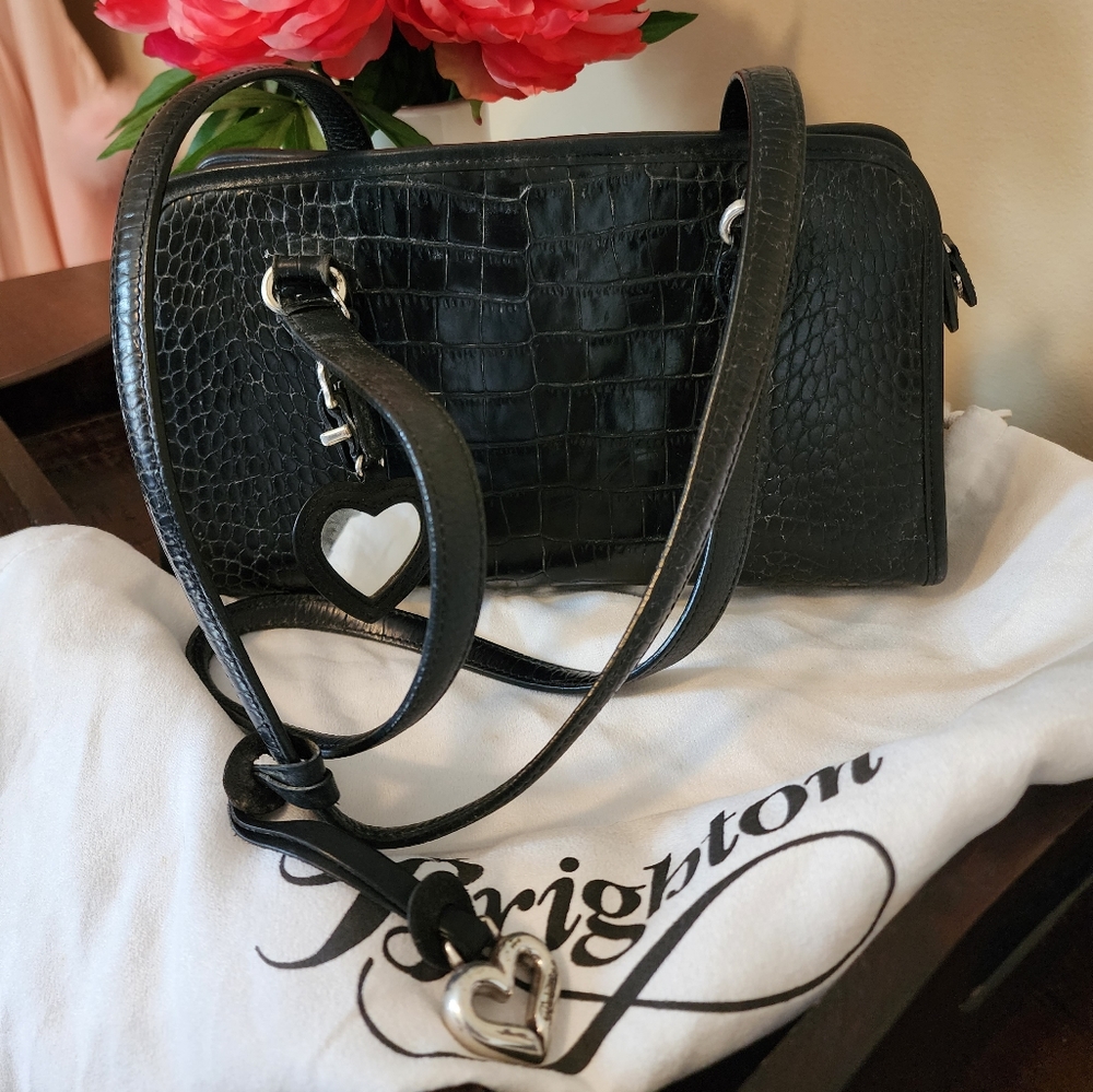 Brighton Alesha Black Leather Croc/Pebbled Shoulder Bag (with duster)